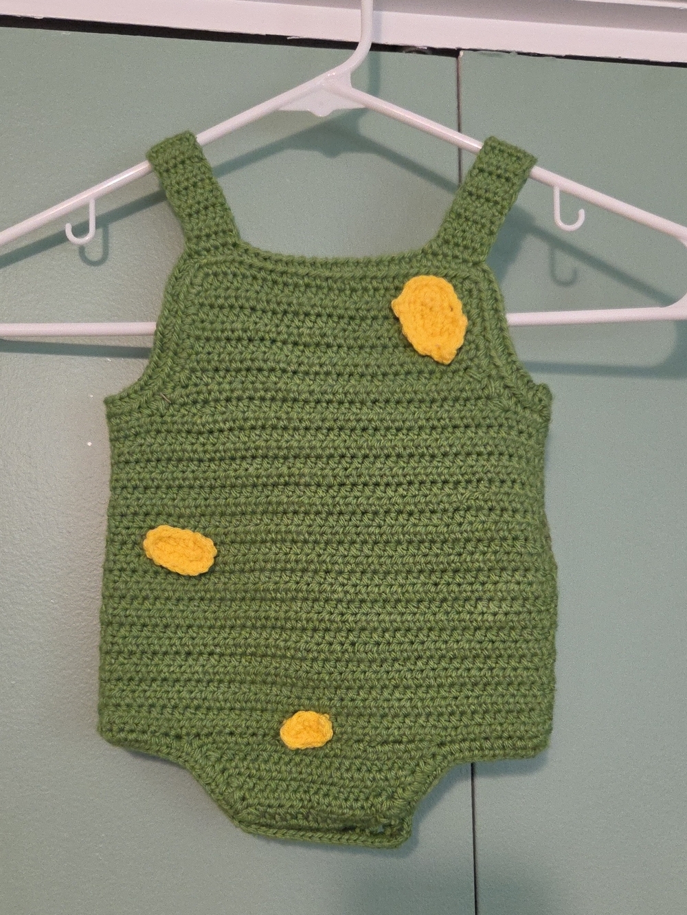 Handmade Green Crochet Dinosaur Baby Romper  Yellow Accents 6 To 9m